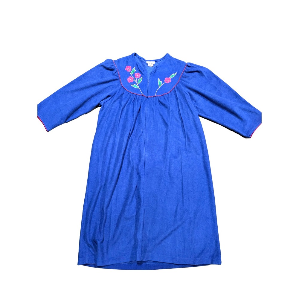 VTG Appel Royal Blue Velour Floral Embroidered Grandmacore Robe Large USA Made